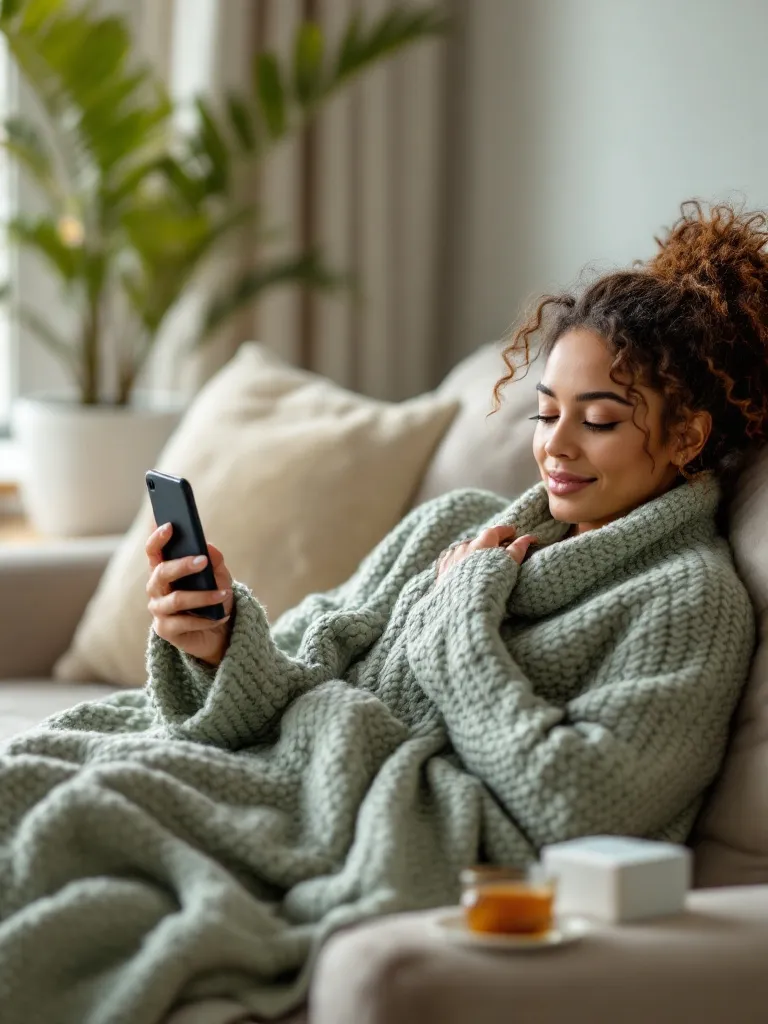 Frau sitzt auf dem Sofa und nutzt ihr Smartphone für ein Videogespräch